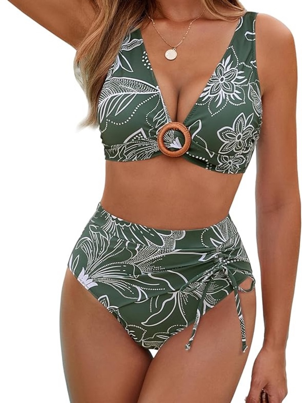 Green Floral Bikini Set with Wood Ring Detail BMJL two piece high waisted